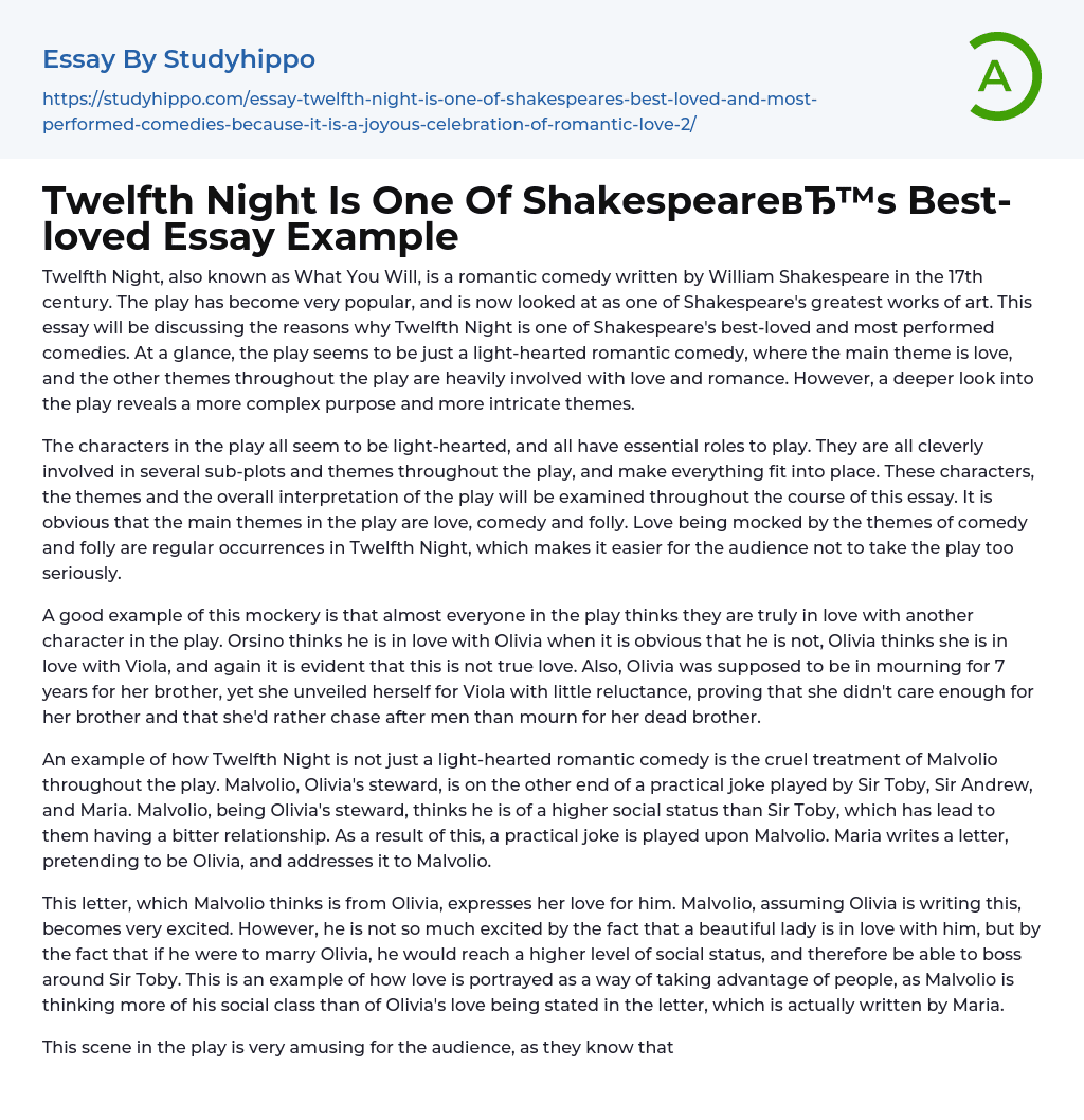 Twelfth Night Is One Of Shakespeare’s Best-loved Essay Example