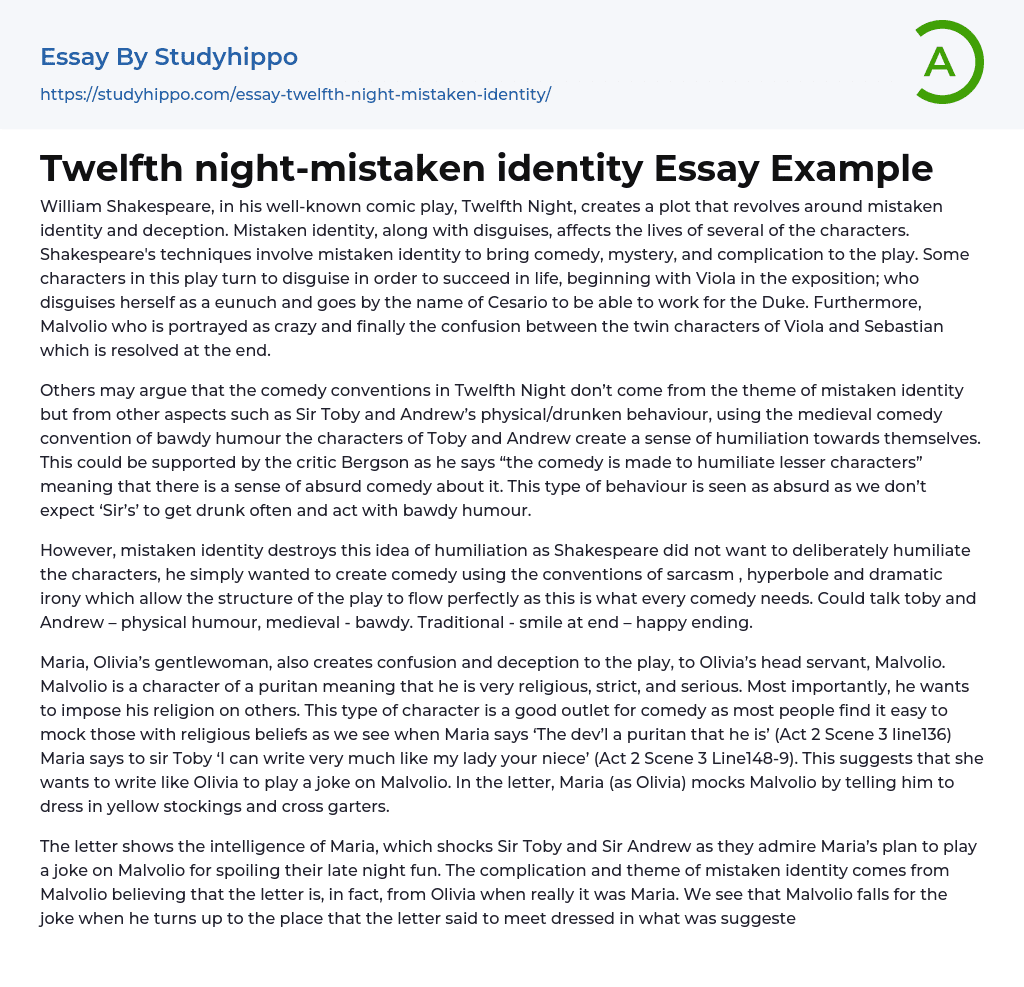 Twelfth night-mistaken identity Essay Example