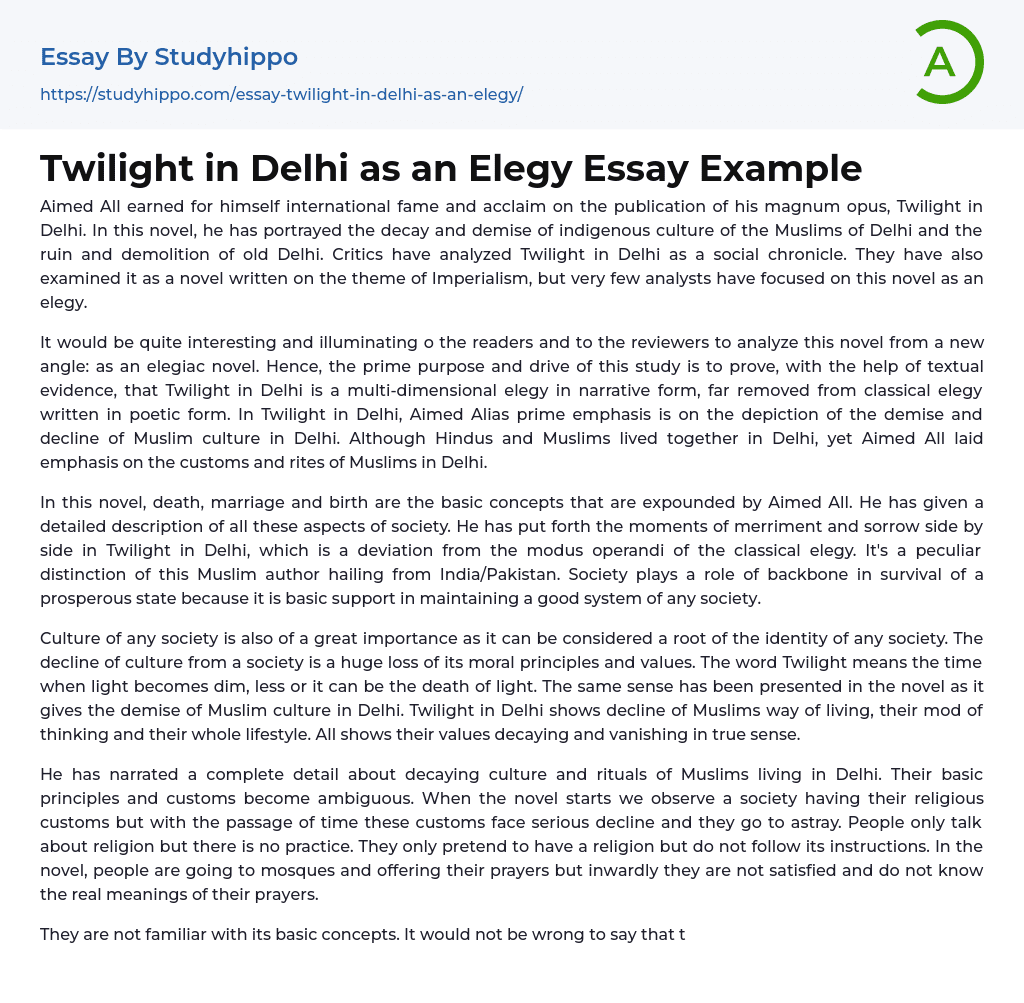 Twilight in Delhi as an Elegy Essay Example