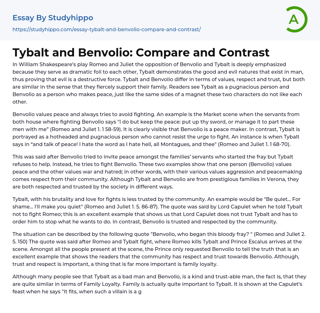 Tybalt and Benvolio: Compare and Contrast Essay Example