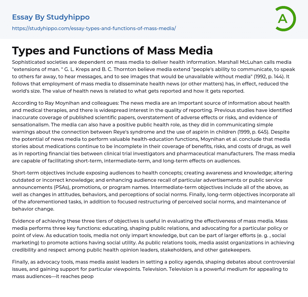 Types and Functions of Mass Media Essay Example