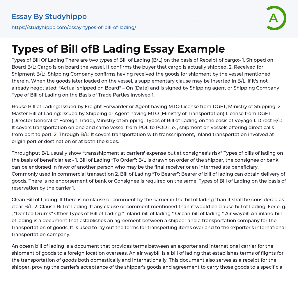 Types of Bill of? Lading Essay Example