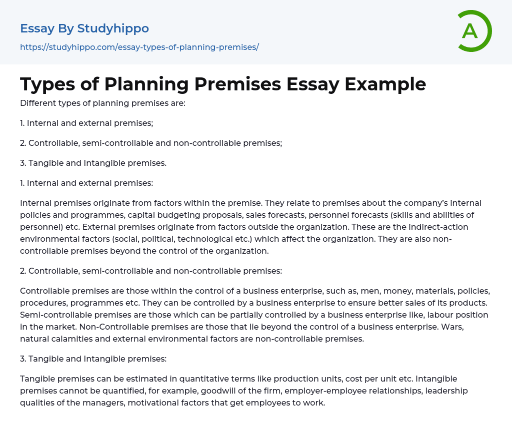 Types of Planning Premises Essay Example