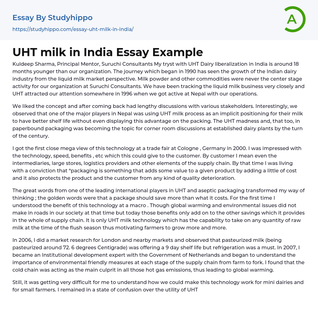 UHT milk in India Essay Example