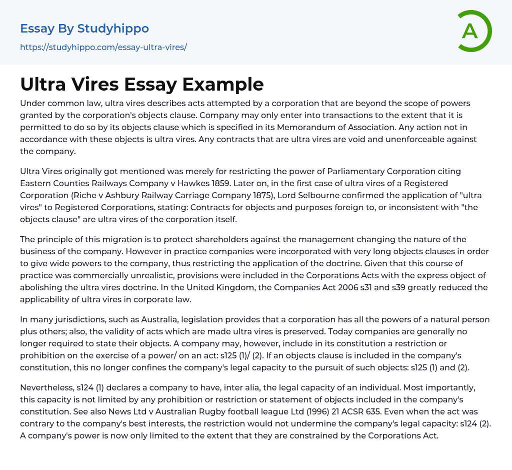 Ultra Vires Essay Example