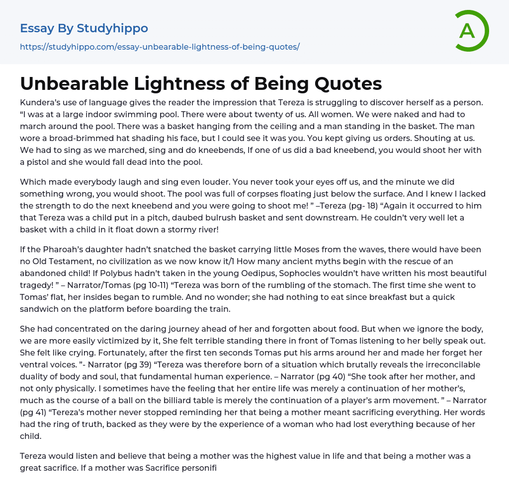 Unbearable Lightness of Being Quotes Essay Example