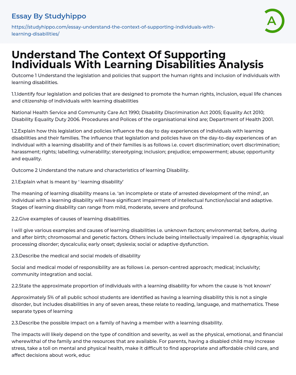 Understand The Context Of Supporting Individuals With Learning Disabilities Analysis Essay Example