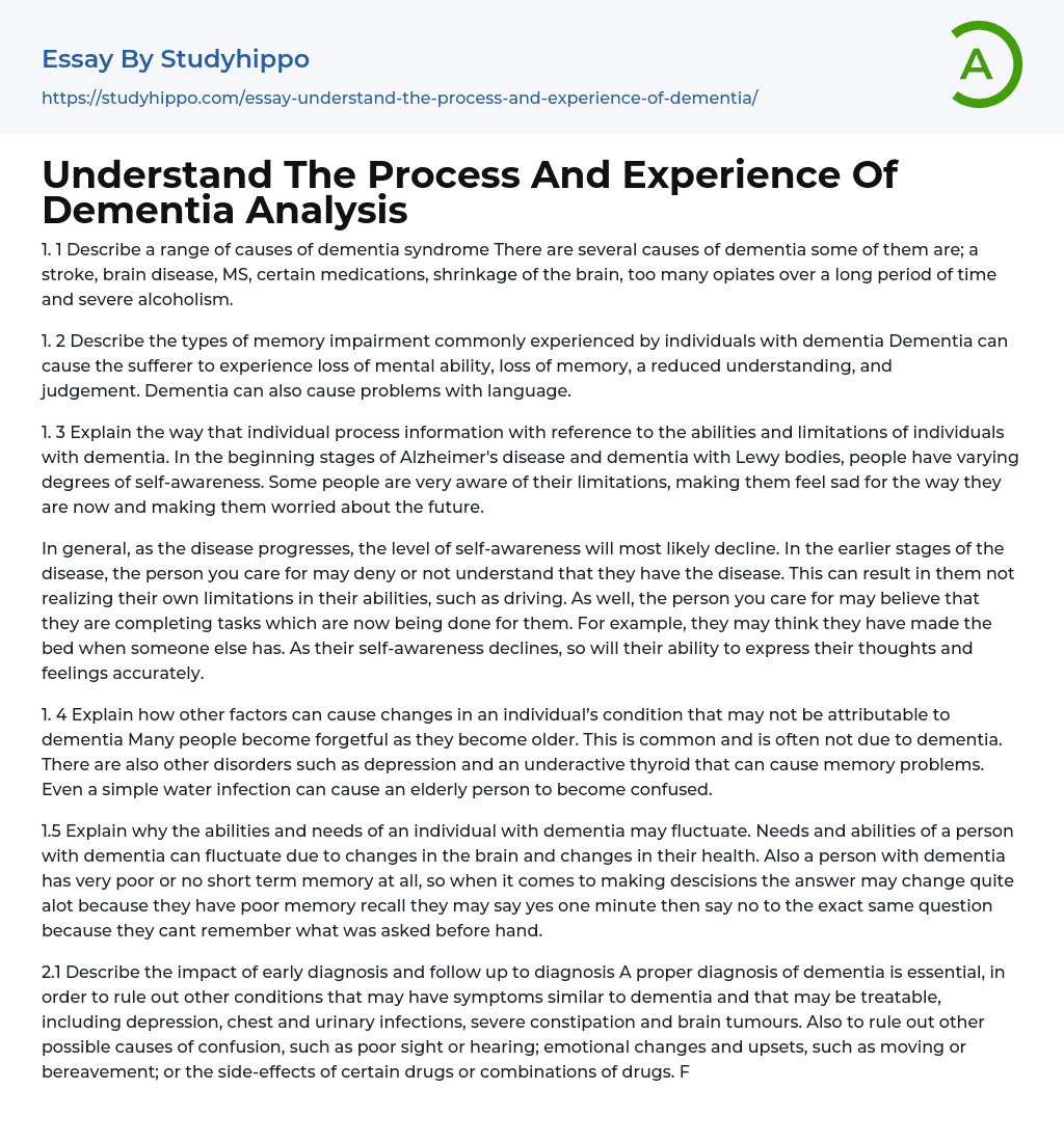 Understand The Process And Experience Of Dementia Analysis Essay Example