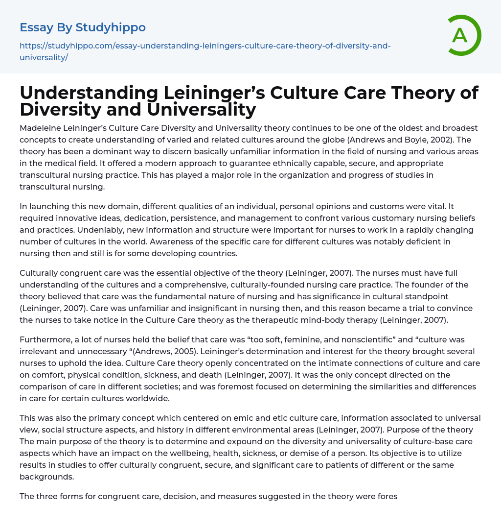 Understanding Leininger’s Culture Care Theory of Diversity and Universality Essay Example