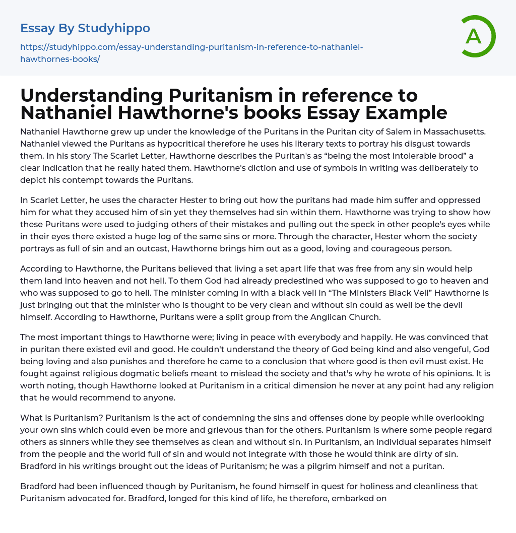 Understanding Puritanism in reference to Nathaniel Hawthorne’s books Essay Example