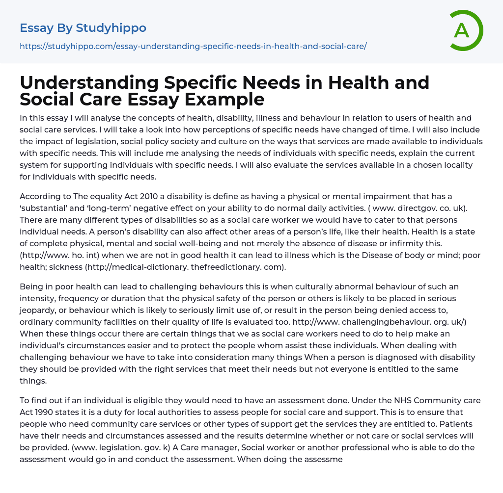 Understanding Specific Needs in Health and Social Care Essay Example