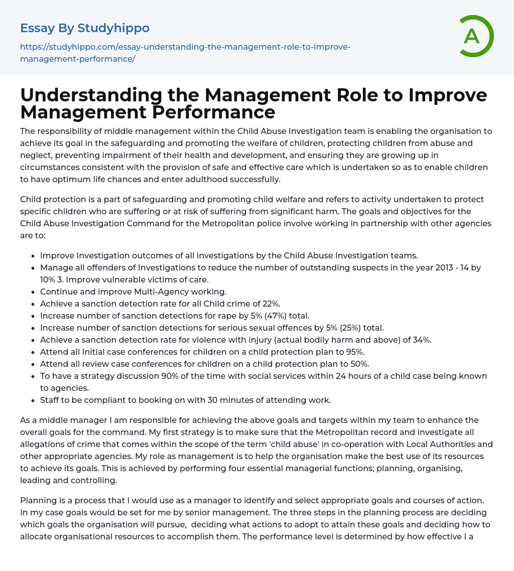 Understanding the Management Role to Improve Management Performance Essay Example
