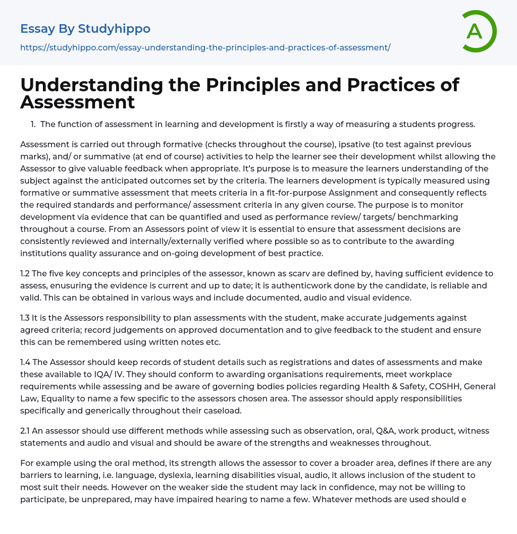 Understanding the Principles and Practices of Assessment Essay Example