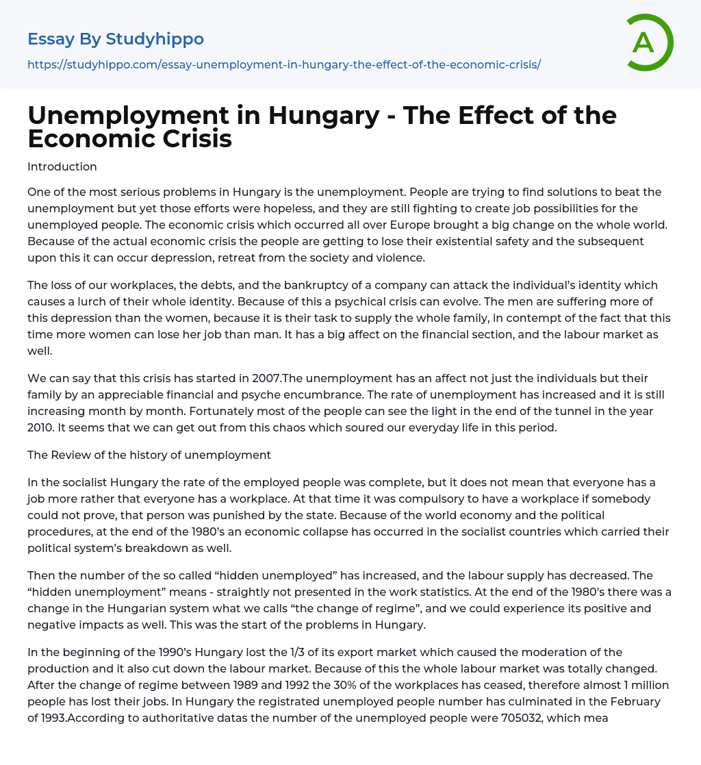 Unemployment in Hungary – The Effect of the Economic Crisis Essay Example