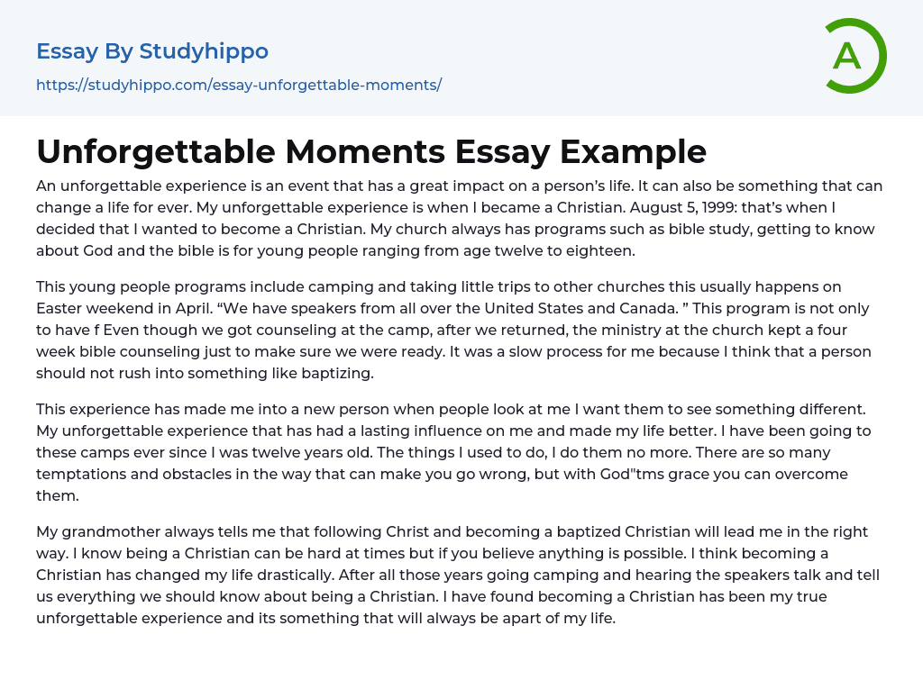 Unforgettable Moments Essay Example