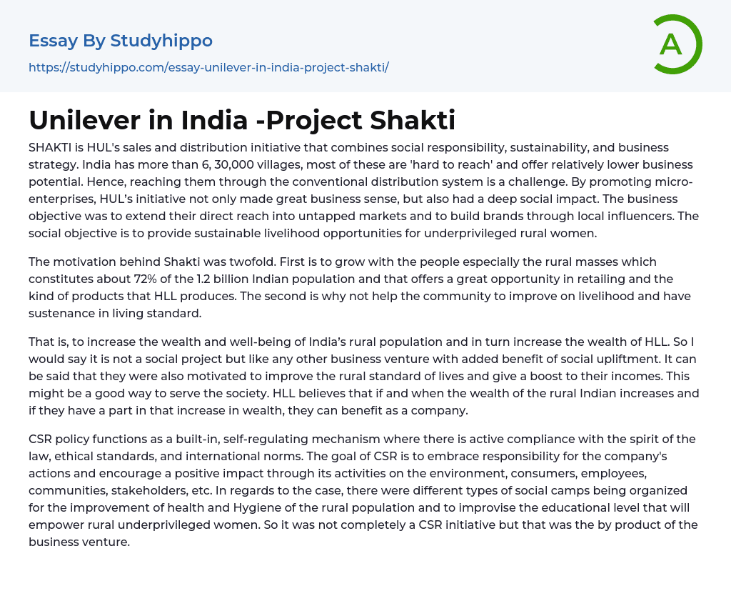 Unilever in India -Project Shakti Essay Example