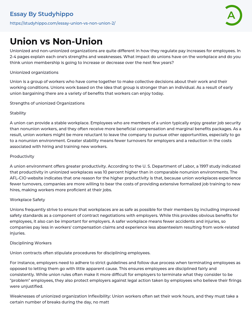 Union vs Non-Union Essay Example