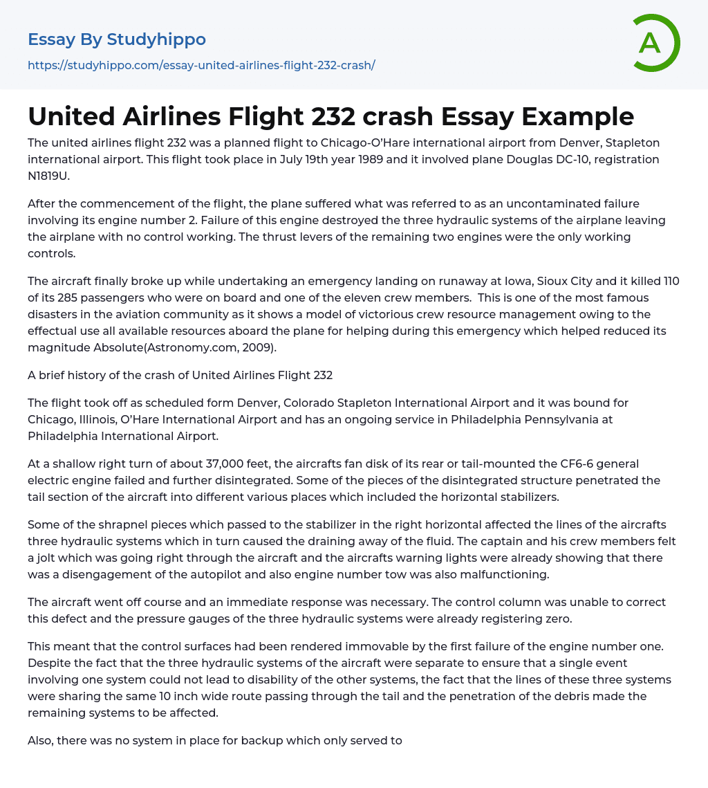 United Airlines Flight 232 crash Essay Example
