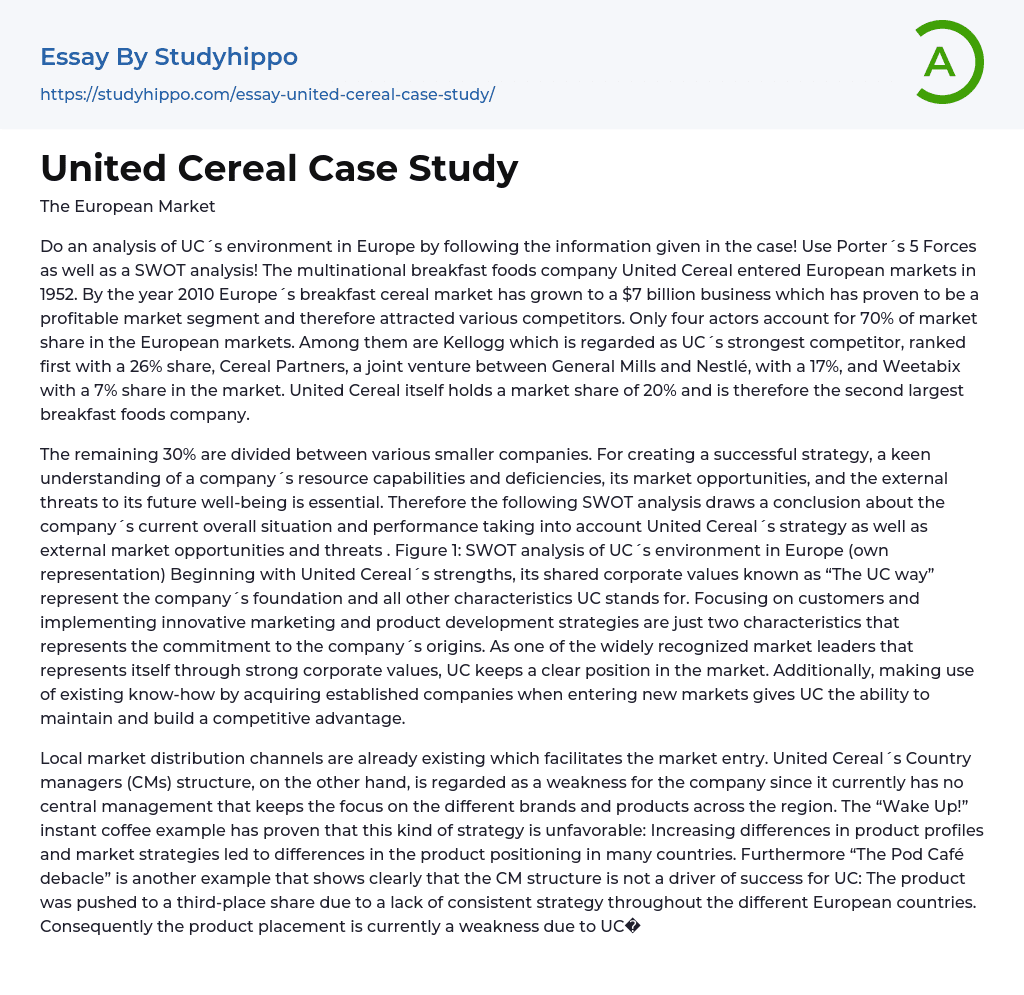 United Cereal Case Study Essay Example