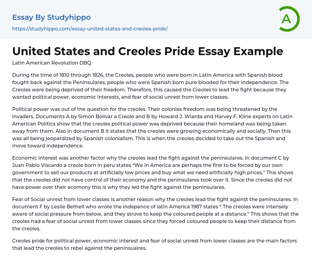 United States and Creoles Pride Essay Example