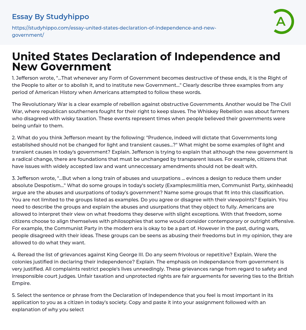 United States Declaration of Independence and New Government Essay Example