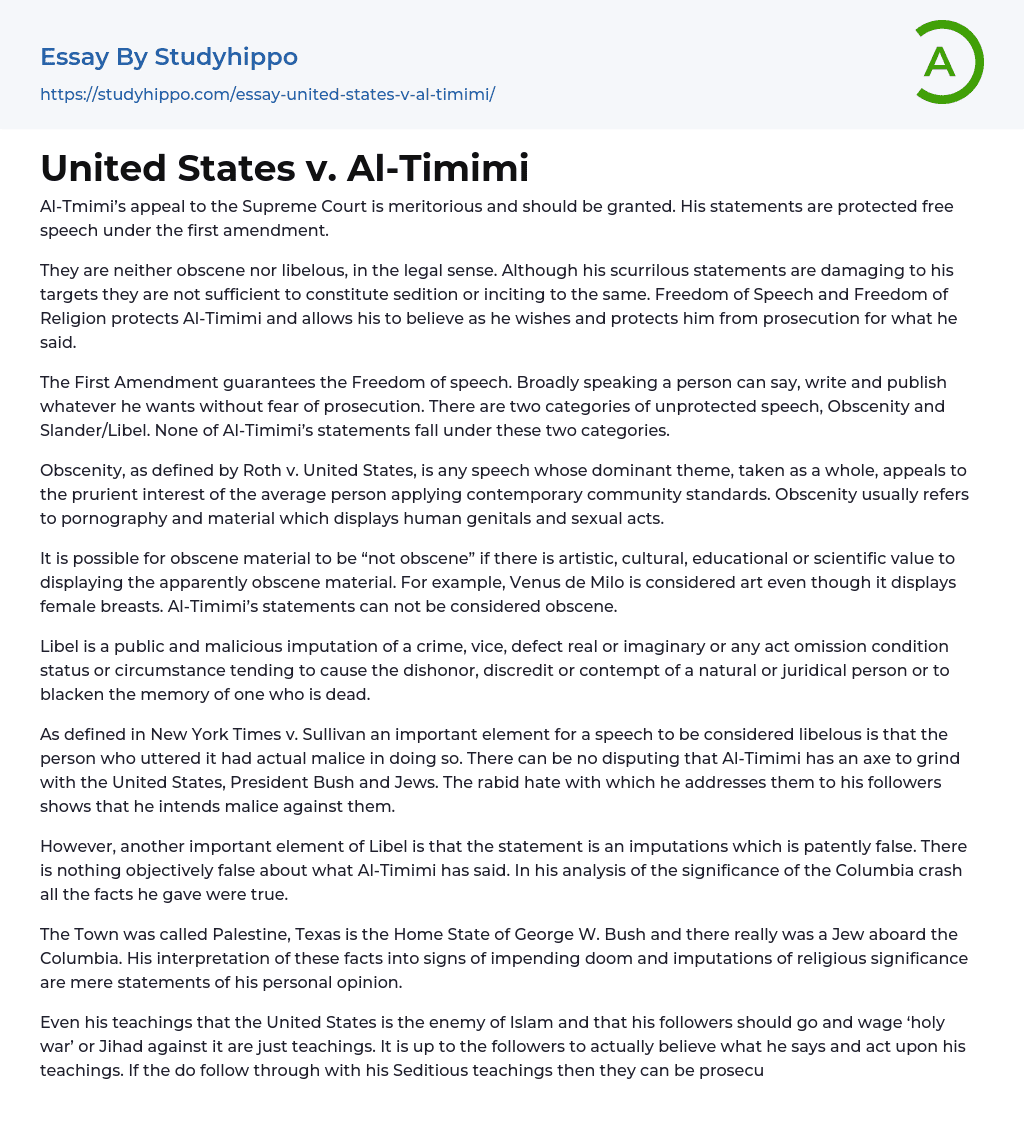 United States v. Al-Timimi Essay Example