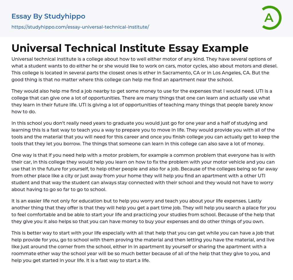 Universal Technical Institute Essay Example