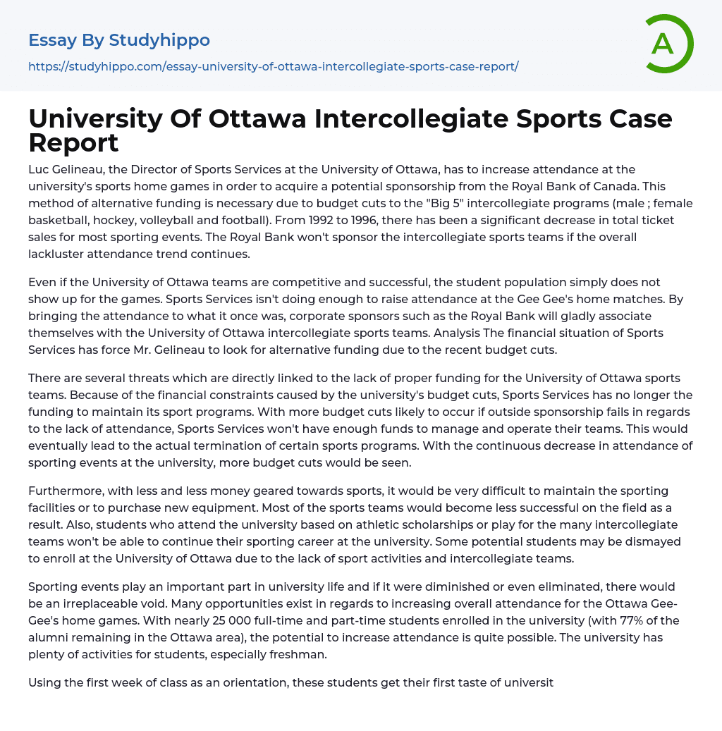 University Of Ottawa Intercollegiate Sports Case Report Essay Example