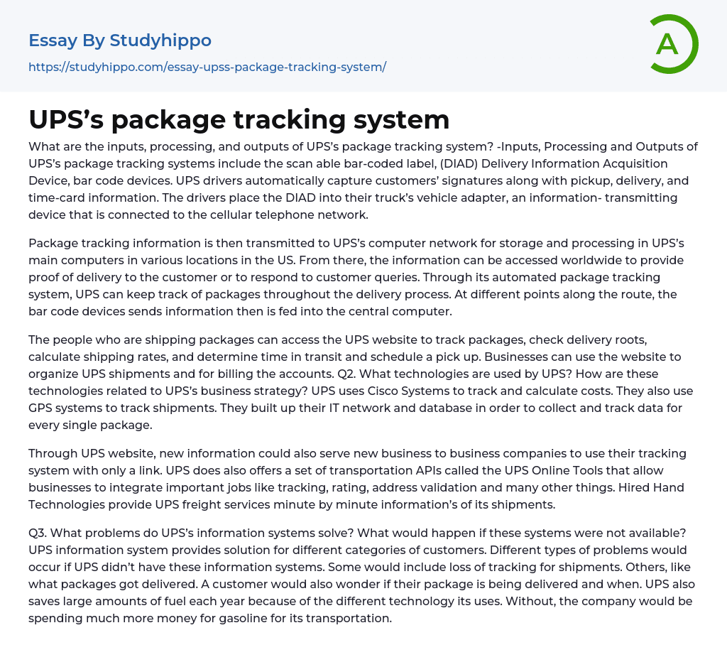 UPS’s package tracking system Essay Example