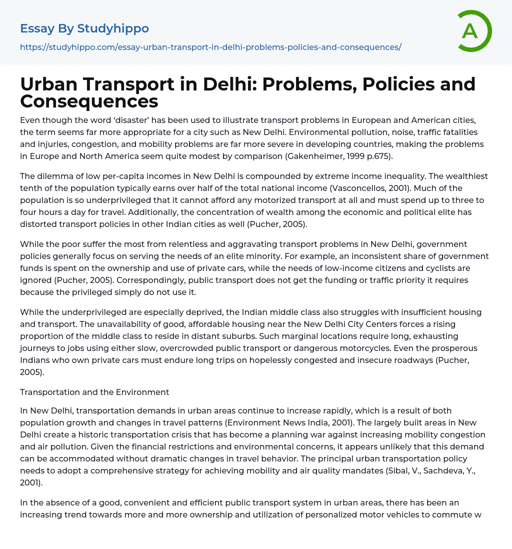 Urban Transport in Delhi: Problems, Policies and Consequences Essay Example