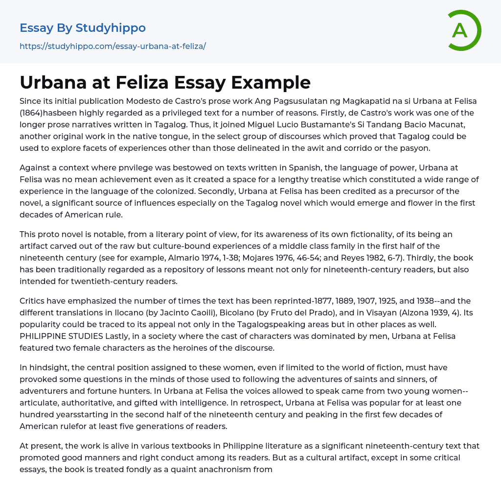 Urbana at Feliza Essay Example