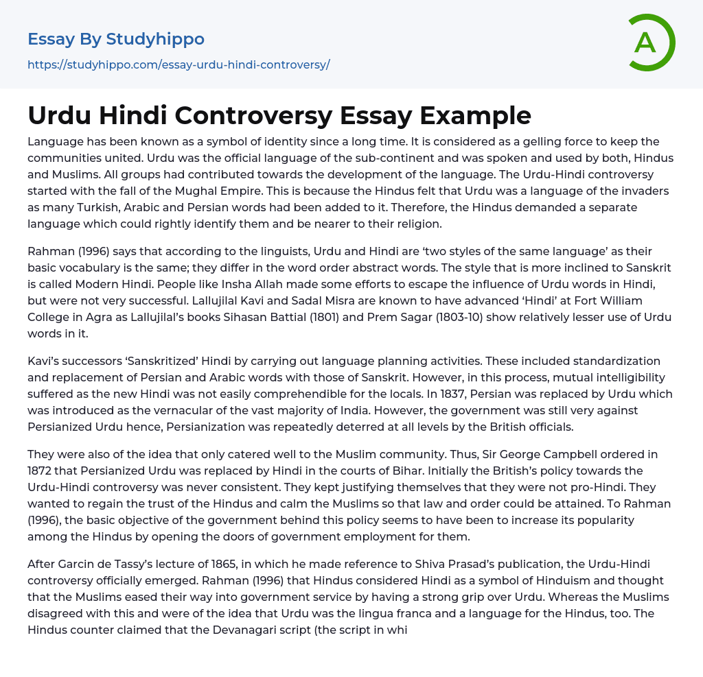Urdu Hindi Controversy Essay Example
