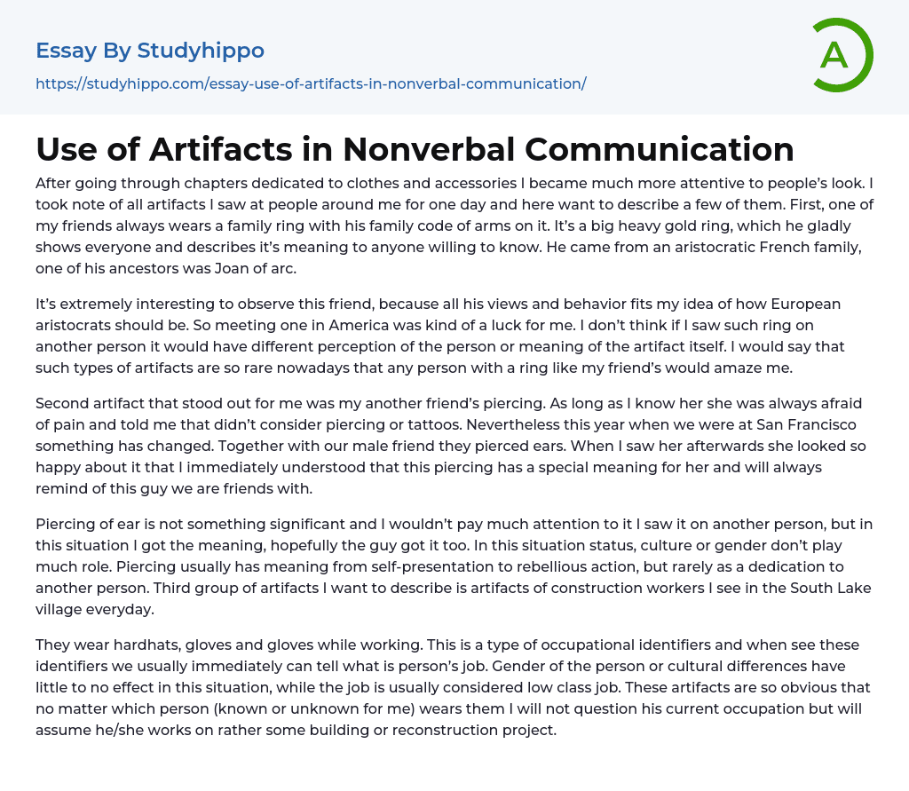 Use of Artifacts in Nonverbal Communication Essay Example