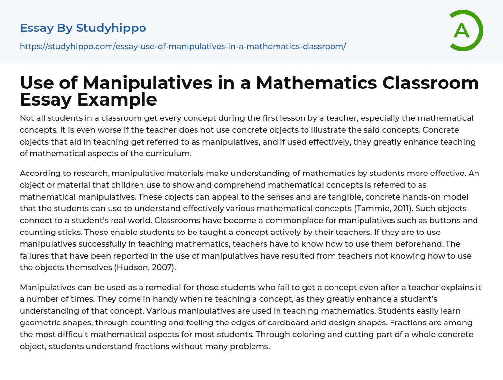Use of Manipulatives in a Mathematics Classroom Essay Example