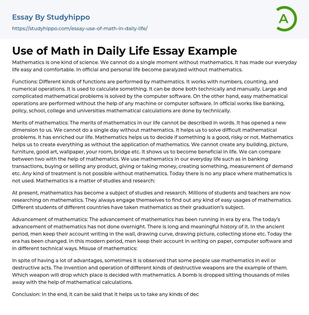 Use of Math in Daily Life Essay Example