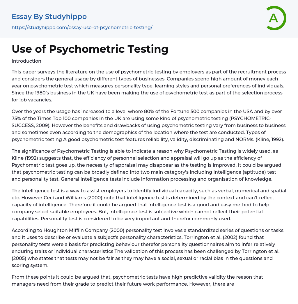 Use of Psychometric Testing Essay Example