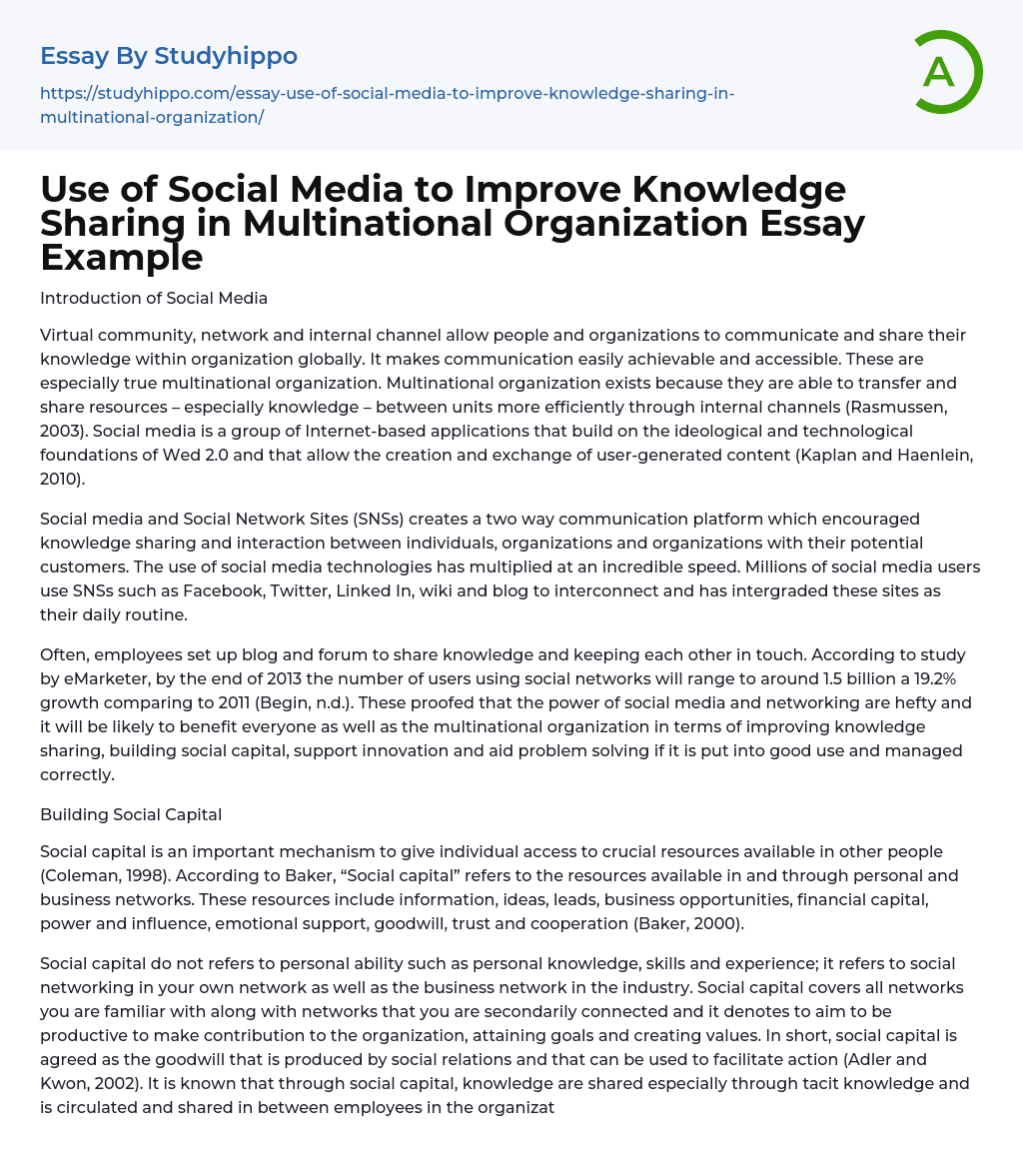 Use of Social Media to Improve Knowledge Sharing in Multinational Organization Essay Example