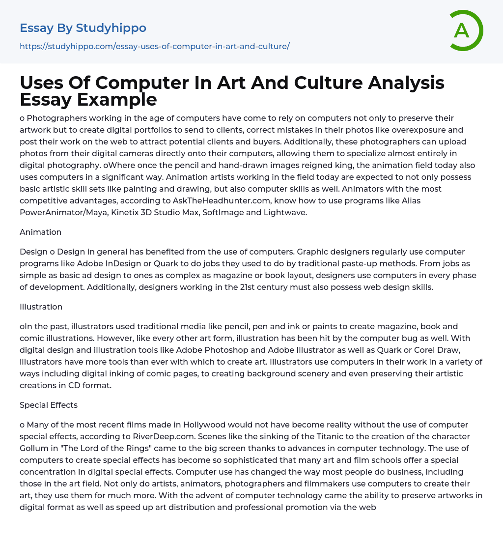 Uses Of Computer In Art And Culture Analysis Essay Example
