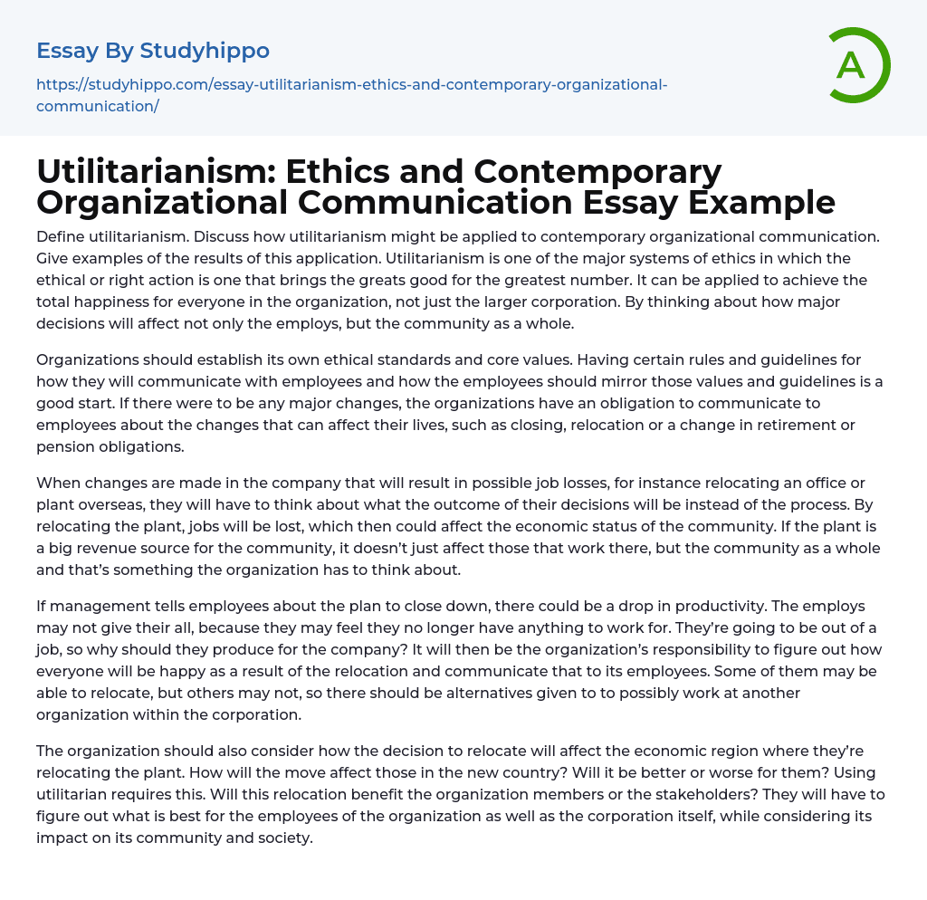 Utilitarianism: Ethics and Contemporary Organizational Communication Essay Example