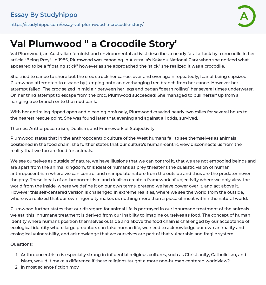 Val Plumwood ” a Crocodile Story’ Essay Example