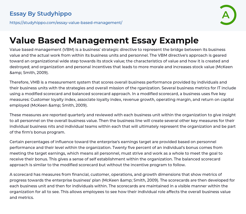 Value Based Management Essay Example