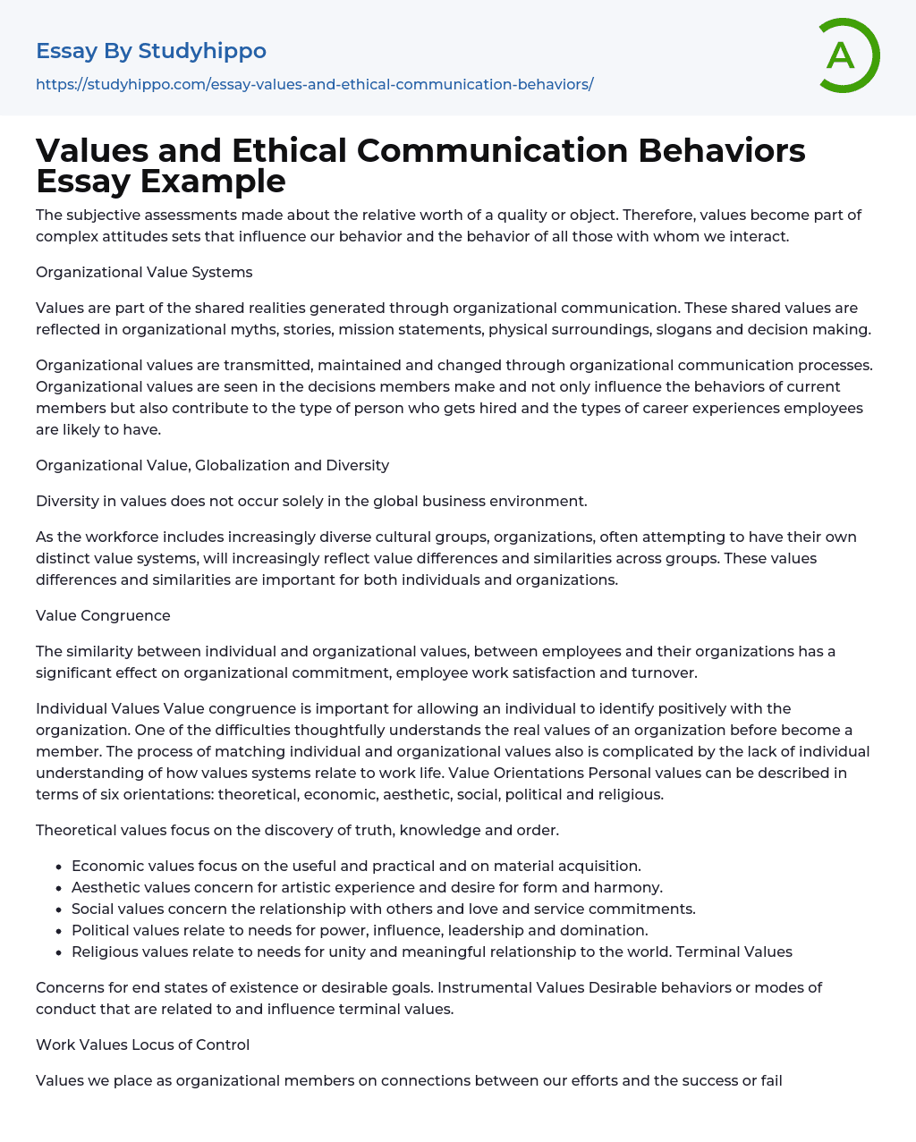 Values and Ethical Communication Behaviors Essay Example