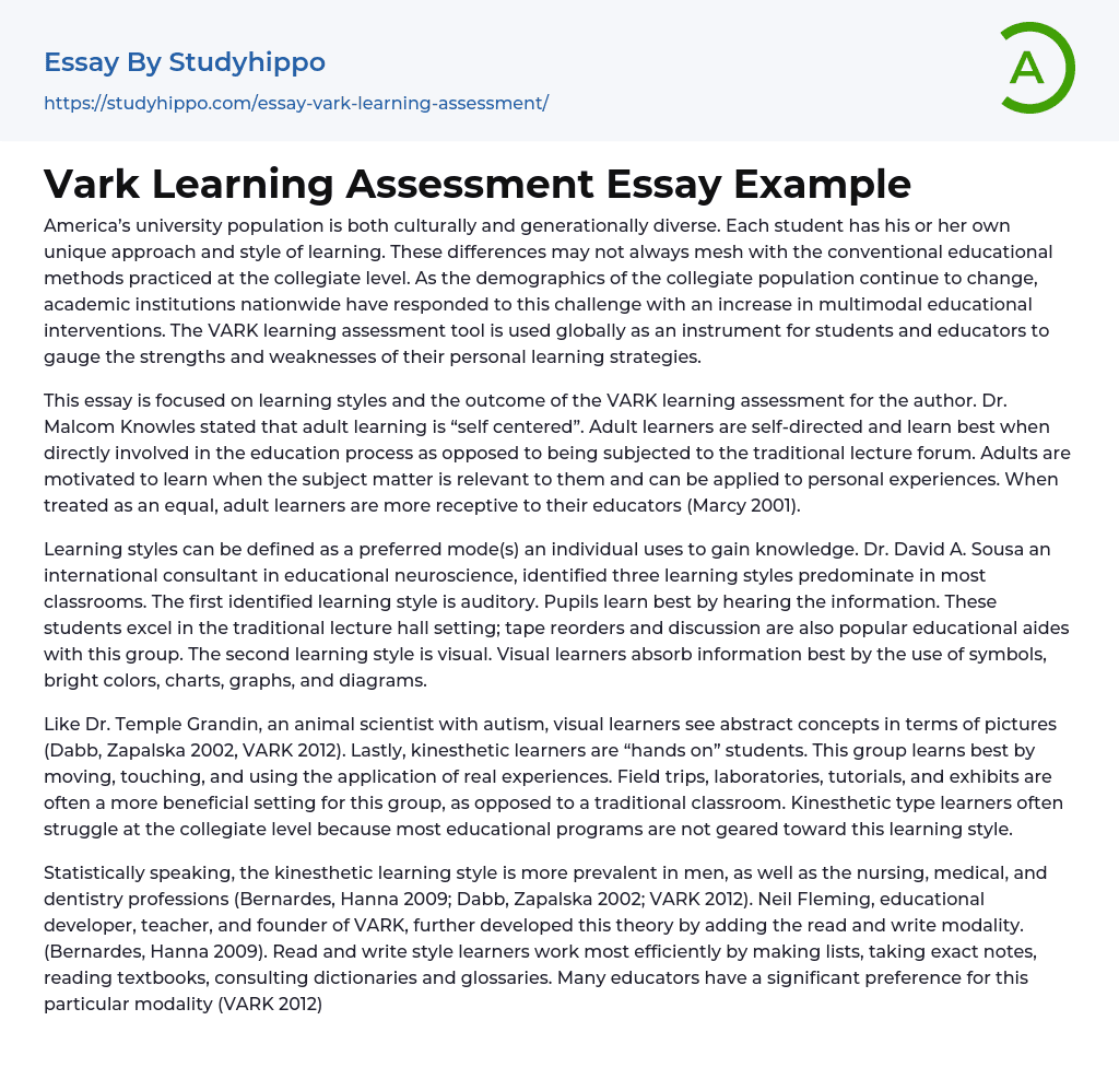 Vark Learning Assessment Essay Example
