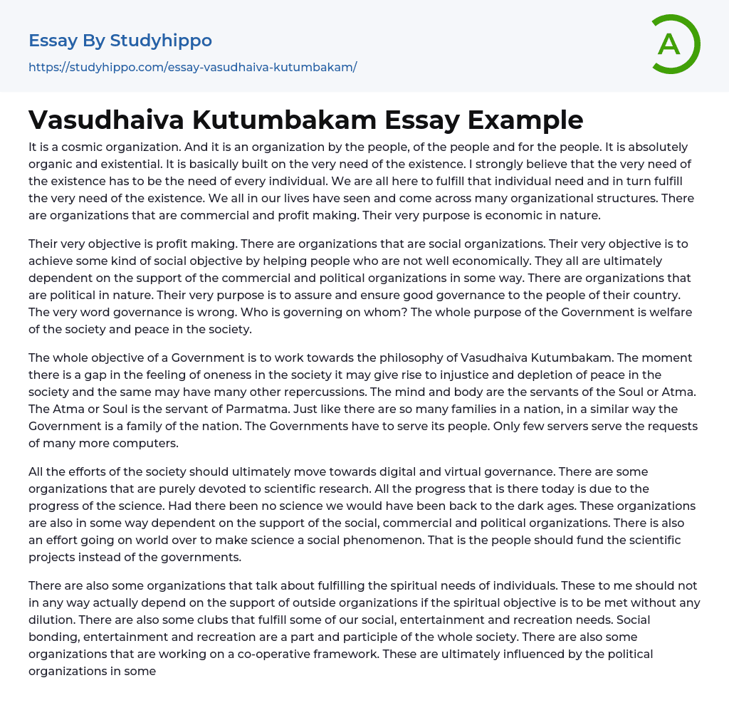 Vasudhaiva Kutumbakam Essay Example