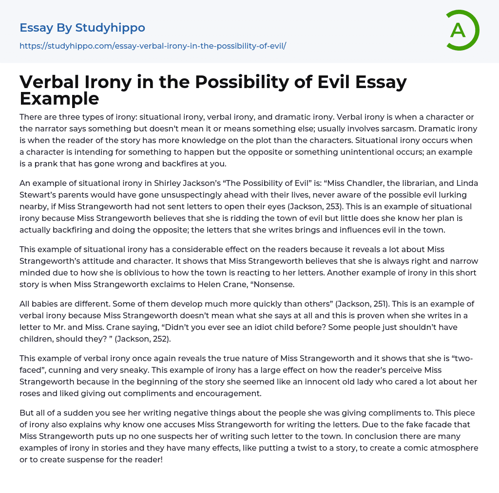 Verbal Irony in the Possibility of Evil Essay Example