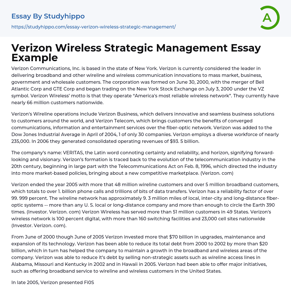 Verizon Wireless Strategic Management Essay Example