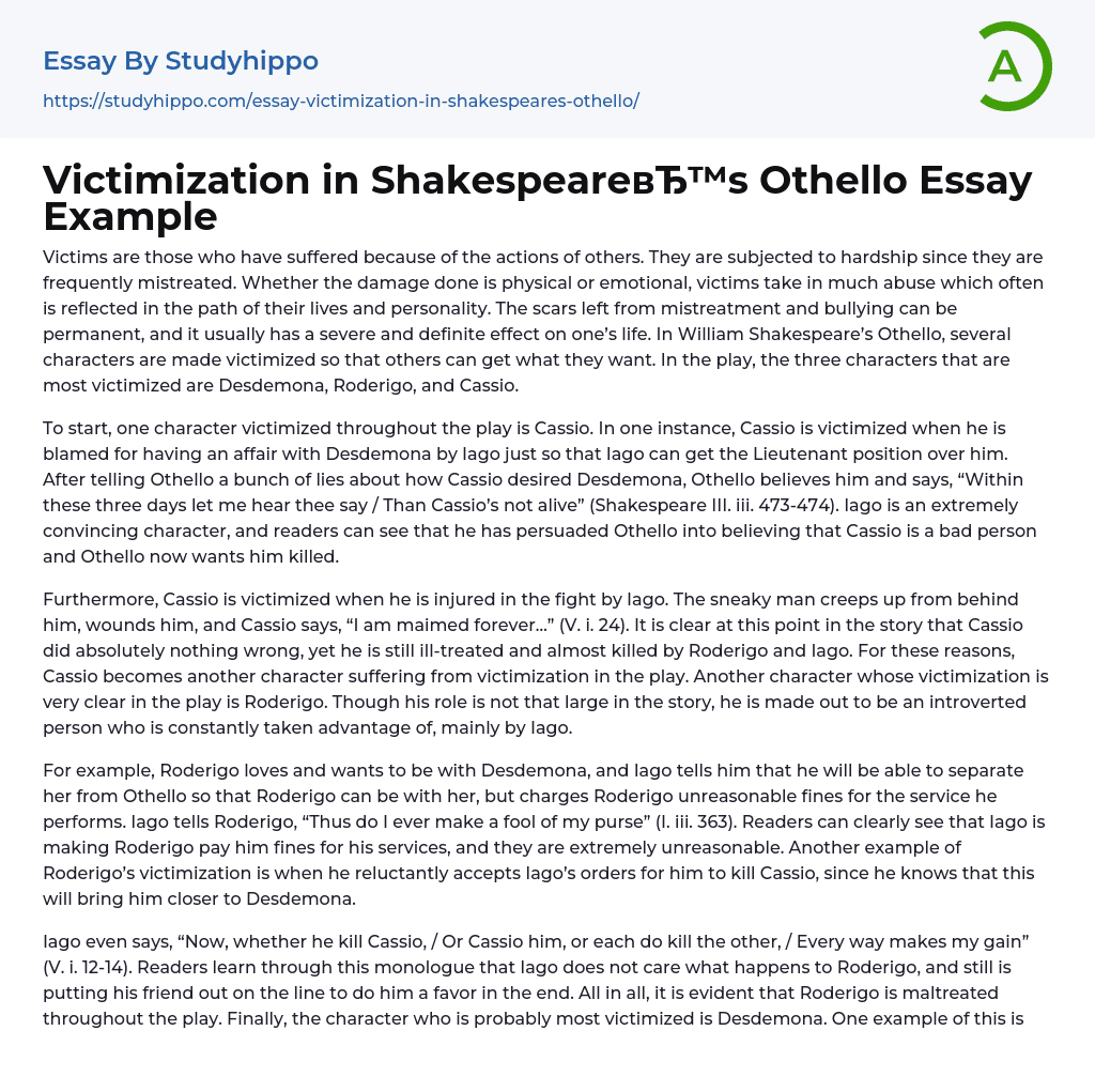 Victimization in Shakespeare’s Othello Essay Example