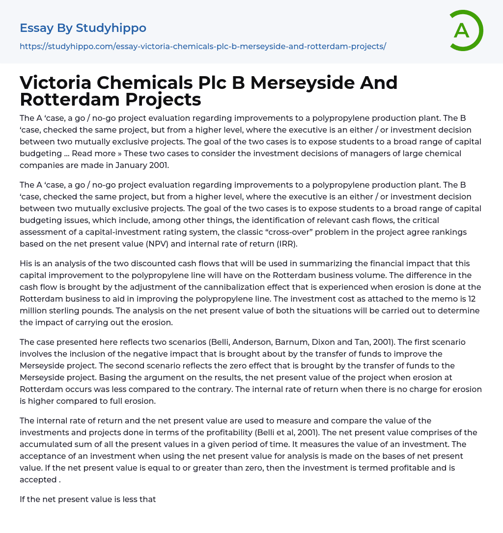 Victoria Chemicals Plc B Merseyside And Rotterdam Projects Essay Example