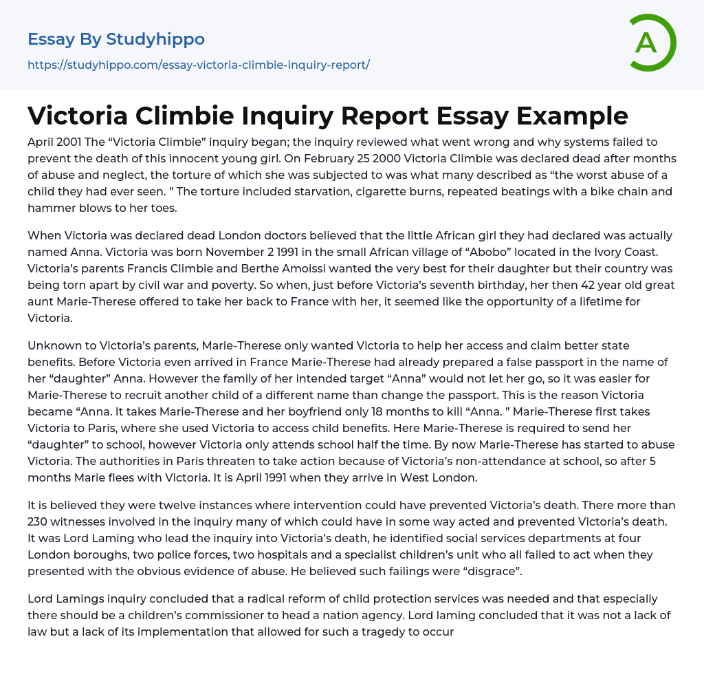 Victoria Climbie Inquiry Report Essay Example
