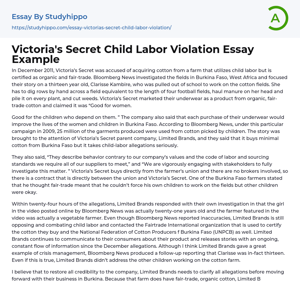 Victoria’s Secret Child Labor Violation Essay Example